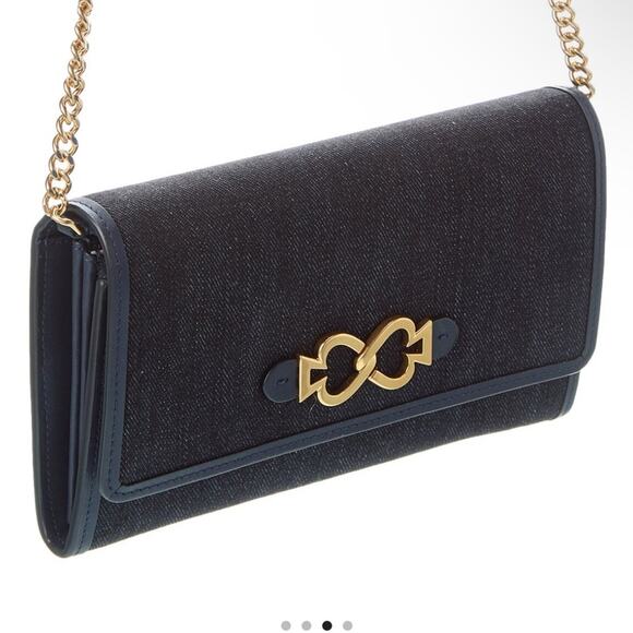 NWT Kate spade toujours chain leather clutch in blue denim and gold hardware - Picture 4 of 9